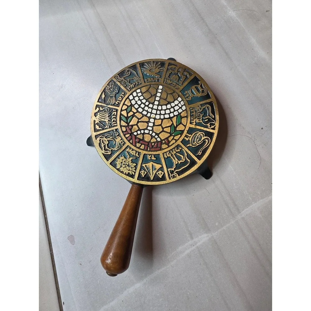 Vintage Israel Brass Cast Iron Trivet 12 Tribes of Israel Menorah Wooden A5 - Picture 2 of 15